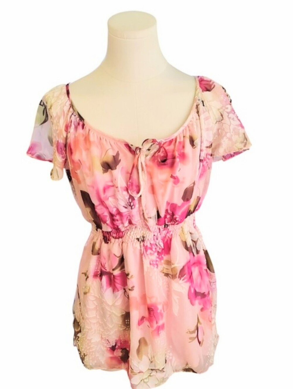 Vintage Motherhood Maternity Pink White Floral Stretch Etched Blouse Size Medium